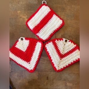 Handmade Red & White Crochet Pot Holders - Set of 3